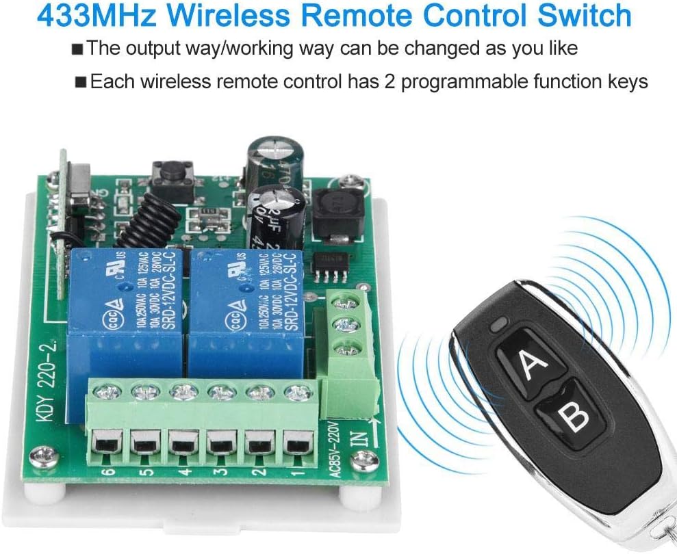 VBESTLIFE 2CH 433MHz RF Relay 2pcs Wireless Remote Control Switch Transmitter and Receiver Set for Door/Window/Alarm System/Security - Image 3
