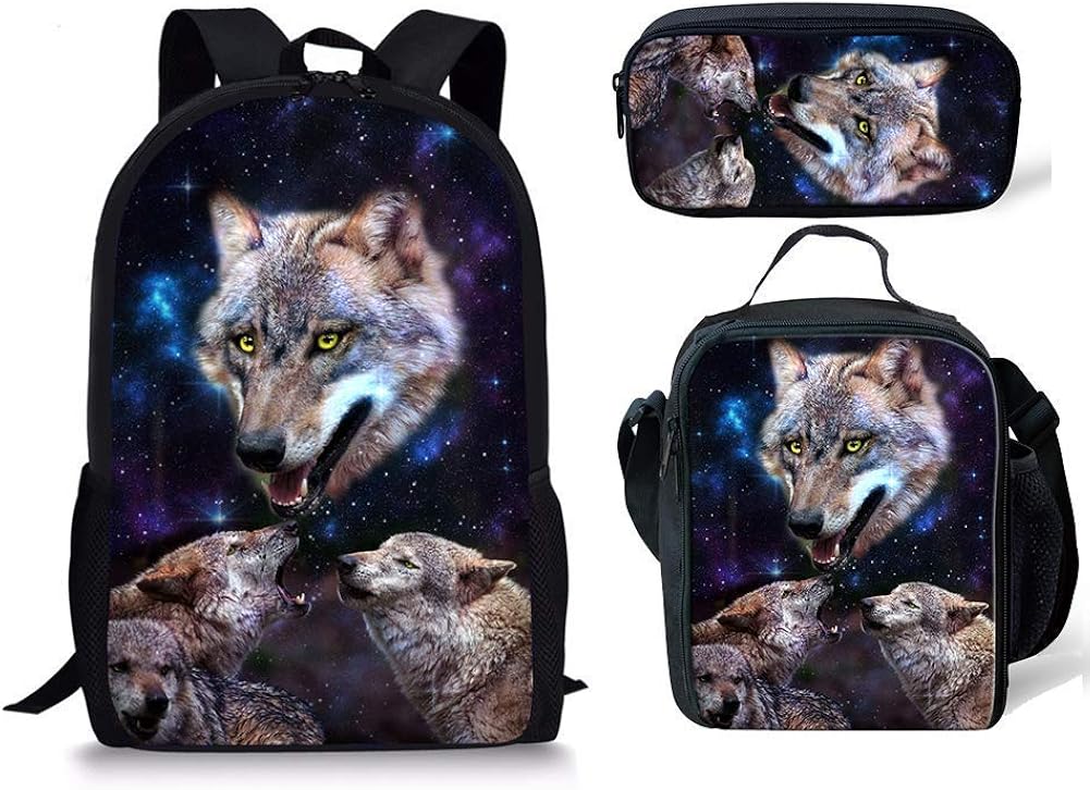 Upetstory Kids Backpack Set Wolf Galaxy Pattern School Backpack for