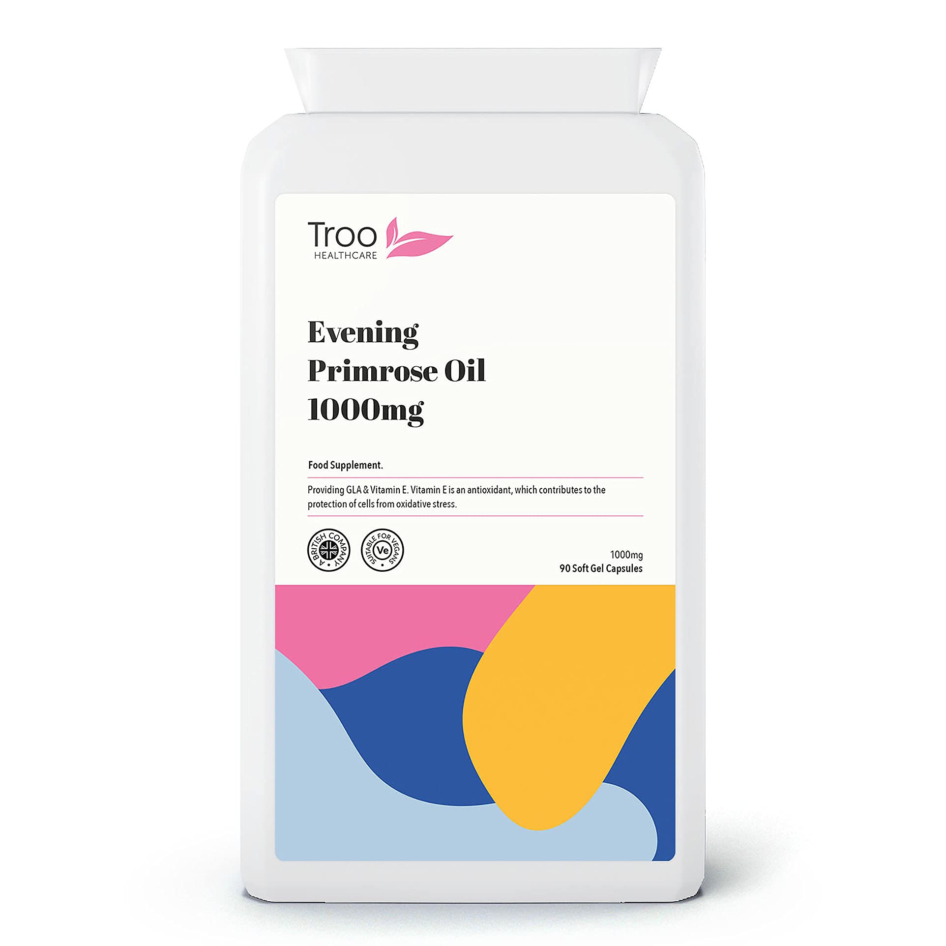 Troo Health Care Troo Vegan Evening Primrose Oil Capsules 1000mg - 90 Softgels in Convenient Daily Omega Supplement - Provides GLA & Vitamin E - Cold Pressed - Made in United Kingdom to GMP Standards