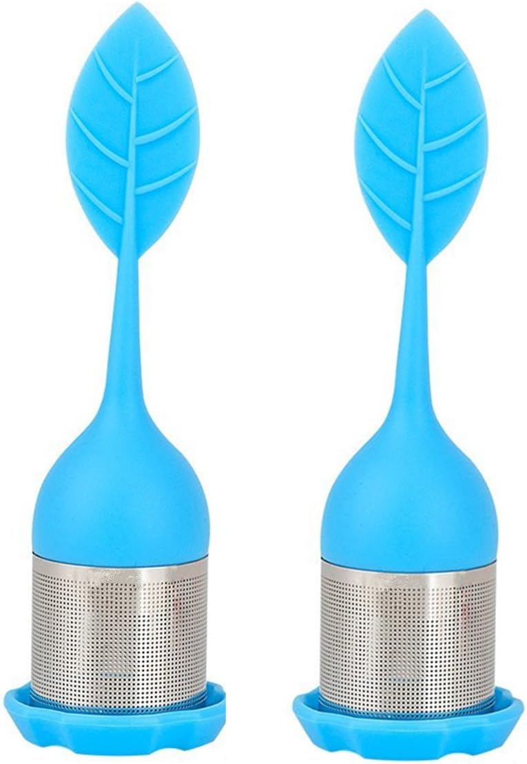 Pengnuo Extra Fine Mesh Tea Infuser - 18/8 Stainless Steel Tea Cup Filter with BPA-Free Silicone Leaf Handle and Drip Tray - Perfect Tea Balls Tea Strainers for All Types of Loose Leaf Tea, (Blue 2pk)