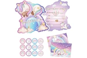 12pcs Unicorn Party Invitation Cards with 12 pcs Envelopes and 12 pcs Stickers, Unicorn Party Invitations for Boys and Girls 
