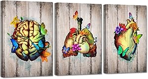 Zlove 3 Pieces Canvas Wall Art Flowery Heart Brain Lungs Human Anatomy Set Medical Science Artwork Stretched and Framed for Medical Clinic Doctor Office Decoration Ready to Hang
