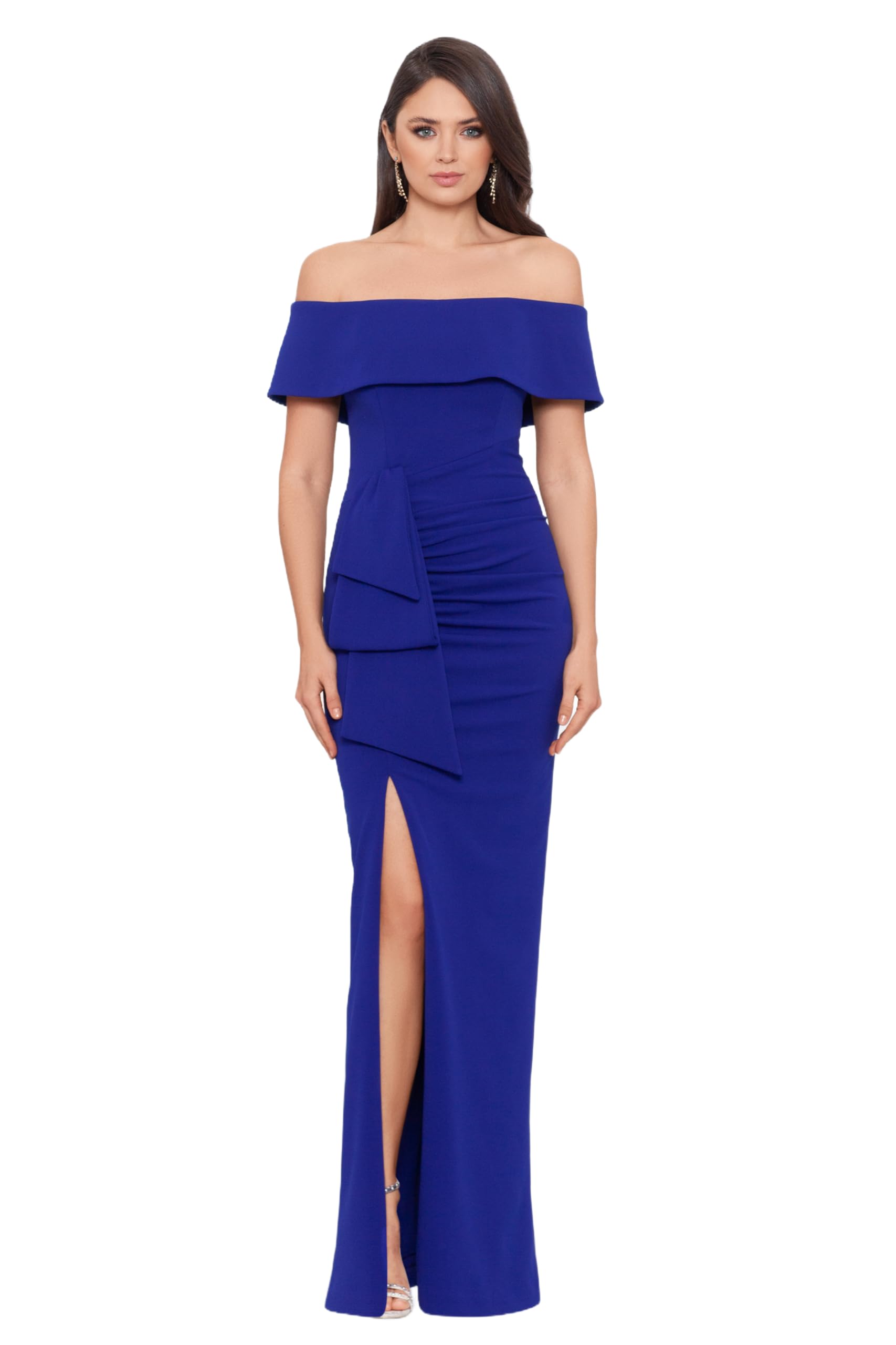 Xscape Women’s Long Off The Shoulder Scuba Crepe Slit Dress (Reg and Petite), Marine, 14