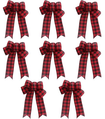 6 Nœuds De Noël Rouge Et Noir écossais Avec Pommes De Pin Et Clochettes - Décoration Fête, Couronnes, Cadeaux