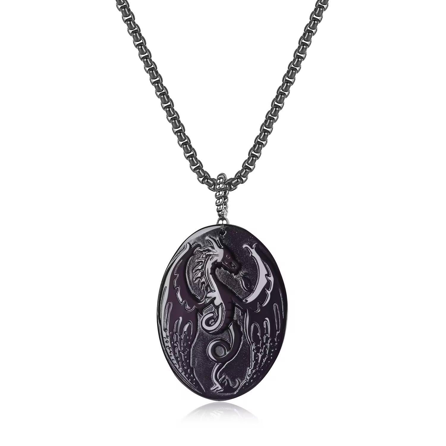 COAI Women's Men's Black Obsidian Necklace Dragon Necklace for Men Women, Stainless Steel Necklace