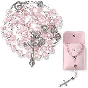 Ayitowis Rosary Beads for Women, Pink Crystal Rosary Necklace, Catholic Rosary Beads Cross and Velvet Pouch, Religious Gifts