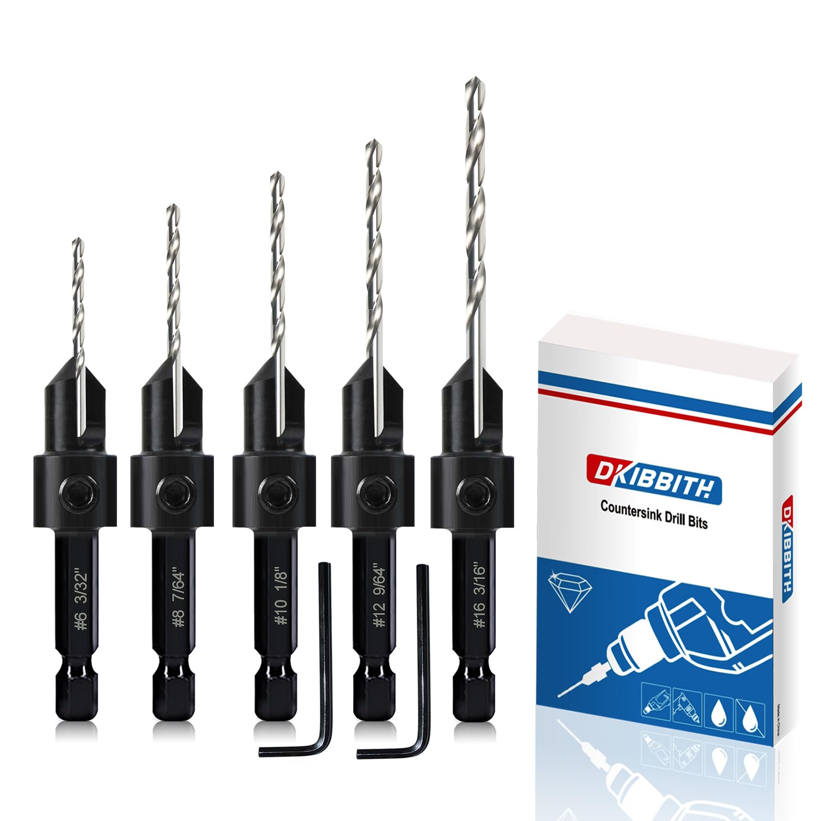 Photo 1 of 5-pc Countersink Drill Bit Set, 3in1 Woodworking Counterbore Hole Drill Bits for #6 8 10 12 16 Screws, Depth Adjustable M2 Pilot Drill Bits, 82-Degree Chamfer, 1/4” Hex Shank, 2 Allen Wrench