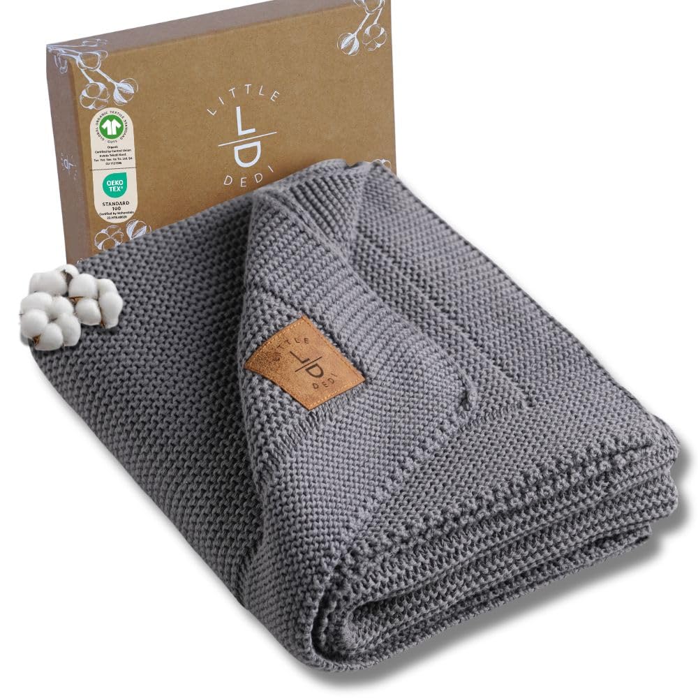 Photo 1 of Little Dedi 100% Organic Cotton GOTS Certified Baby Knitted Blanket with Gift Box - Soft Toddler, Crib, Stroller Blanket - Neutral Swaddle and Receiving Blanket for Newborns, 30"x40", Dark Grey