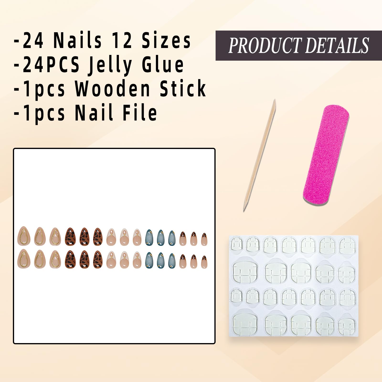 Jremg Press on Nails Medium Almond Fake Nails with Designs Brown Leopard French Tip Glue on Nails 3D Gold Star Charms Full Cover False Nails Blue White Gradient Stick on Nails for Women Girls 24Pcs - Image 2