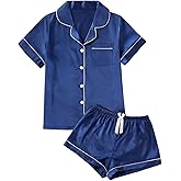 Floerns Women's 2 Piece Pajama Set Satin Short Sleeve Button Down Shirts and Shorts Set