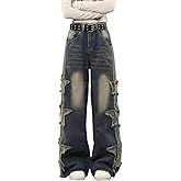 PEAINJ Star Jeans for Women Girls Baggy Cute Patchwork Denim Pants Y2k High Waisted Jeans Grunge Aesthetic Clothes