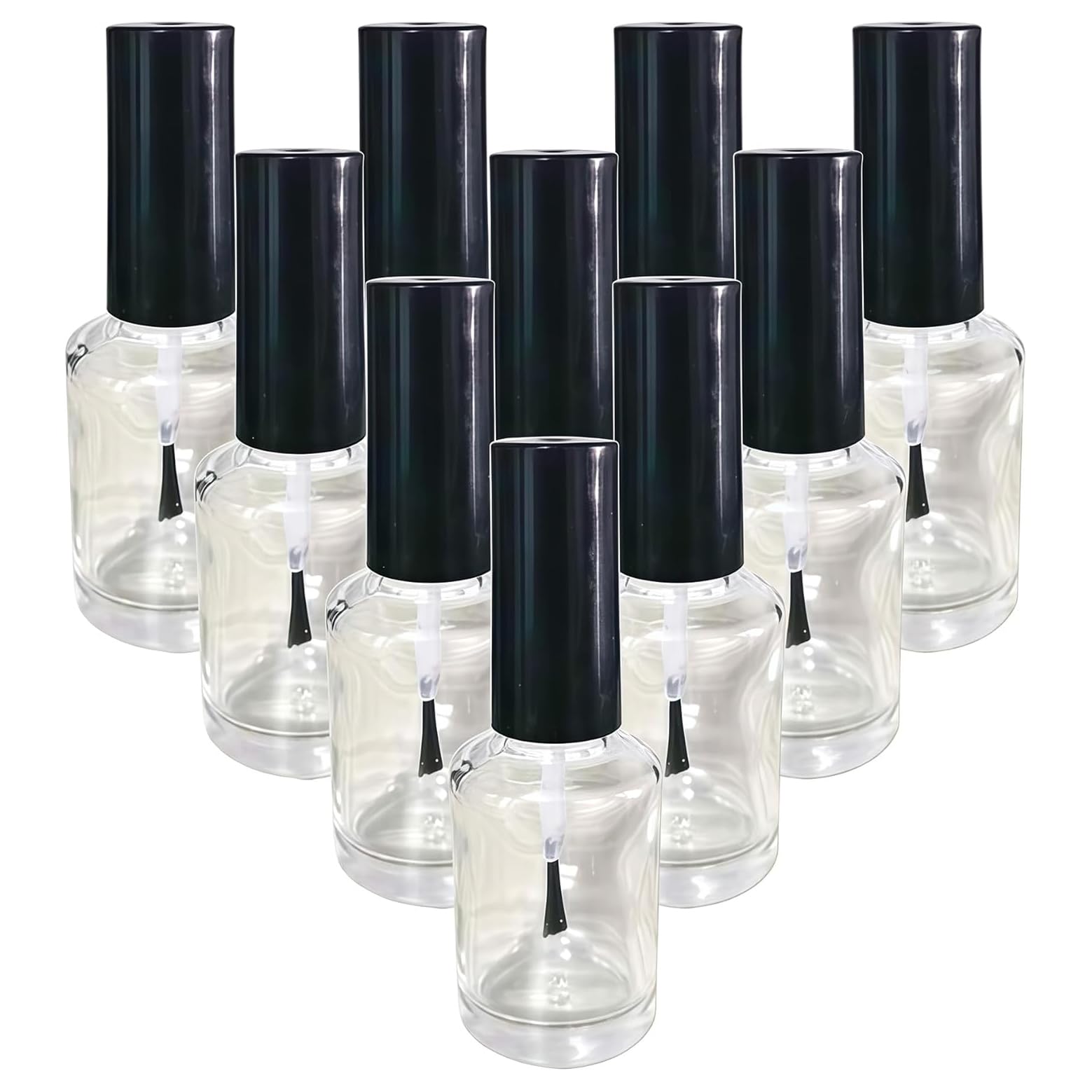 Happyupcity 10PCS 15ML/0.5OZ Empty Round Clear Nail Polish Glass Bottles with Brush Black Cap Small Nail Vials Travel Trial Pack Liquid Blush Storage Containers for Nail Art