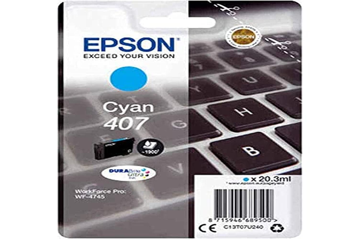 Epson 407 Cyan Keyboard Genuine, Ink Cartridge DuraBrite Ultra WorkForce Pro WF-4745DTWF,20.3ml