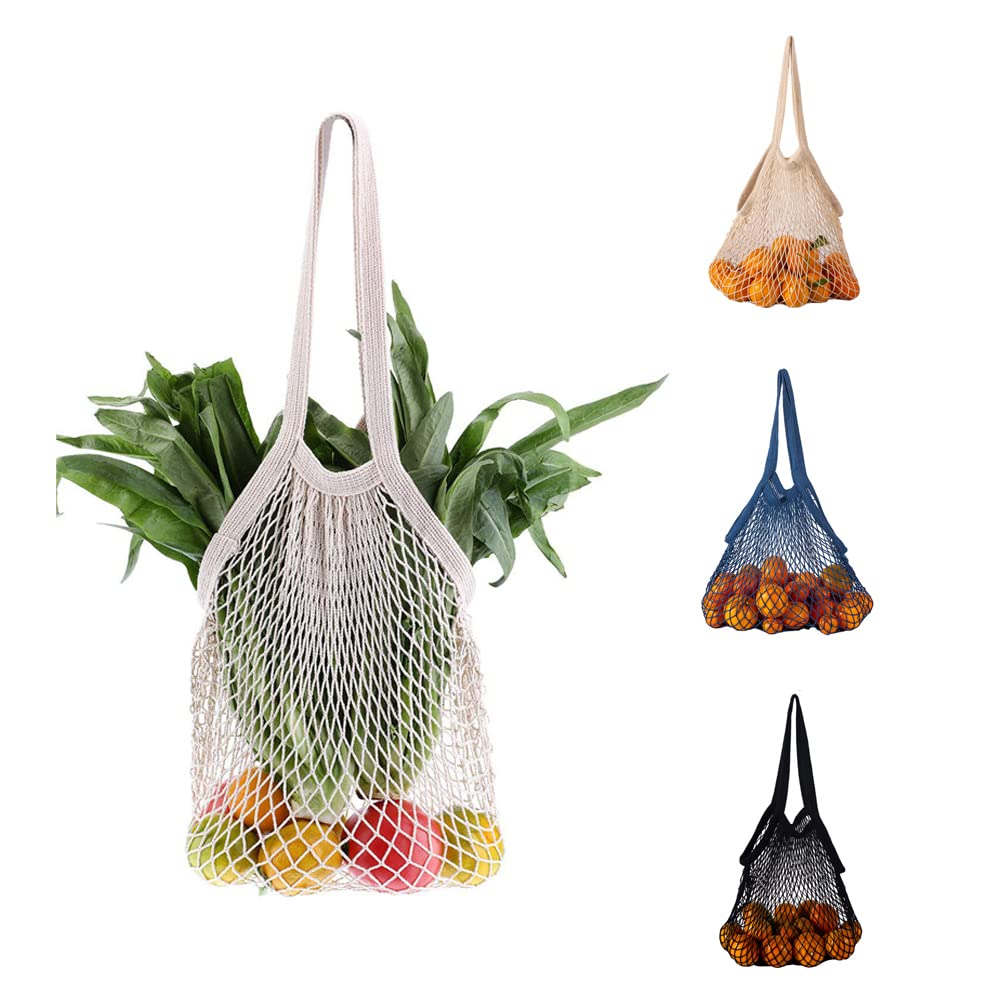 DZOZO Grocery Mesh Bags 3 Pack Reusable Net String Shopping Bags Cotton Mesh Produce Bags with Short Handle Grocery Shopping Bags Produce Net Tote Bags for Vegetables Fruits Storage