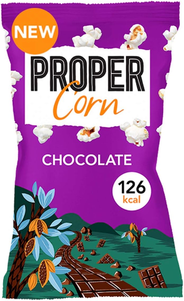 PROPERCORN Chocolate Popcorn, Natural Fairtrade Cocoa Seasoning, Vegetarian, Gluten-Free, Wholegrain Butterfly Corn, 126 kcal, 26g, Pack of 24