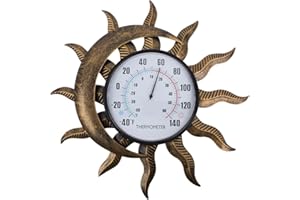 Vewogift 14" Sun-Moon Outdoor Thermometer, Metal Wall Thermometer No Need Battery, Decorative Indoor Thermometer for Patio, Garden, Living Room