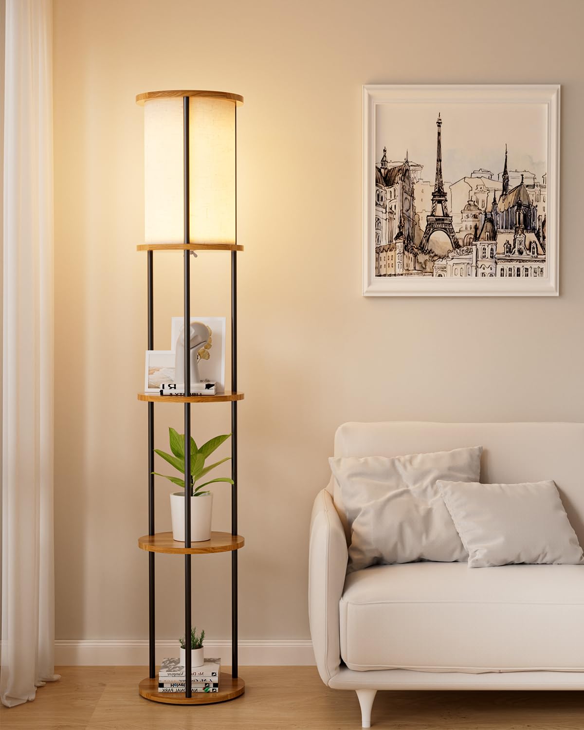 Photo 1 of Lightdot 61" Floor Lamp with Shelves, Modern Black Standing Lamp with Fabric Lampshade and 3- Tier Storage Table Attached, 35lb Capacity Solid Wood, Corner Bookshelf Lamps with 3000K E26 Bulb Included