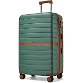 Kono Expandable 28 Inch Luggage with Spinner Wheels, Large Checked Luggage with Lock, Lightweight &amp; Anti-Scratch PC+ABS Hardshell Travel Suitcase, Green/Brown
