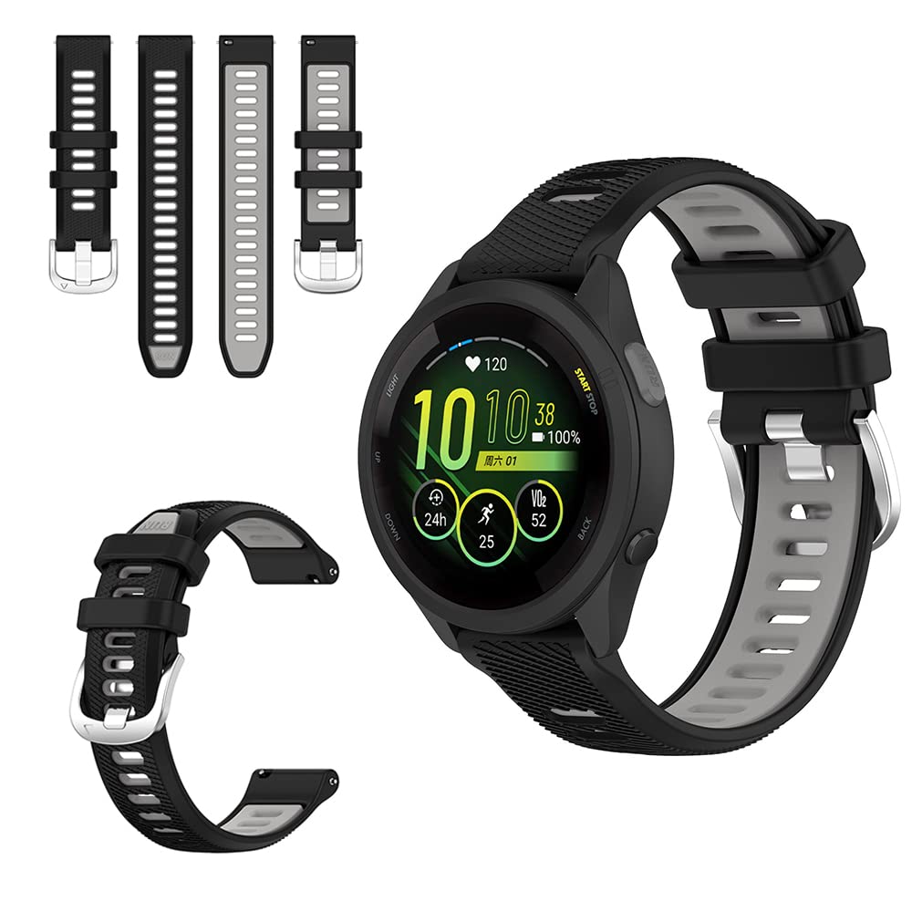 QINOUK Silicone Strap for Garmin Forerunner 265, [Breathable] Soft Silicone Sport Replacement Strap, Two-tone Strap, Adjustable Design, for Garmin Forerunner 265-Black Gray