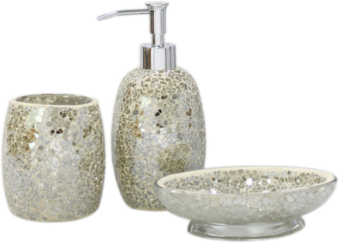 3pc modern mercury sparkle mosaic glass tile bathroom accessory set accessories