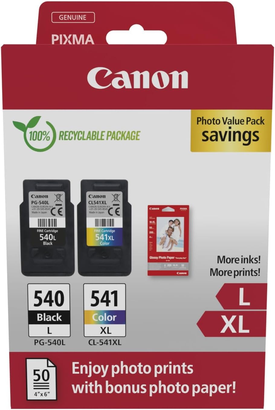 Canon PG540 L CL541 XL VALUE Pack 2 Cartridges + 50 Photo Paper 10x15