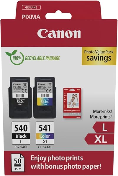 Canon PG540 L CL541 XL VALUE Pack 2 Cartridges + 50 Photo Paper 10x15