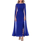 MAYFASEY Women's Sexy Elegant Long Sleeve High Split Mesh Ruched Formal Long Evening Party Maxi Dress with Cape