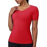 LWISMIL Women's V Neck Compression Shirts Short-Sleeve Athletic T-Shirt Slim Fit Workout Quick Dry Tops for Gym Sports