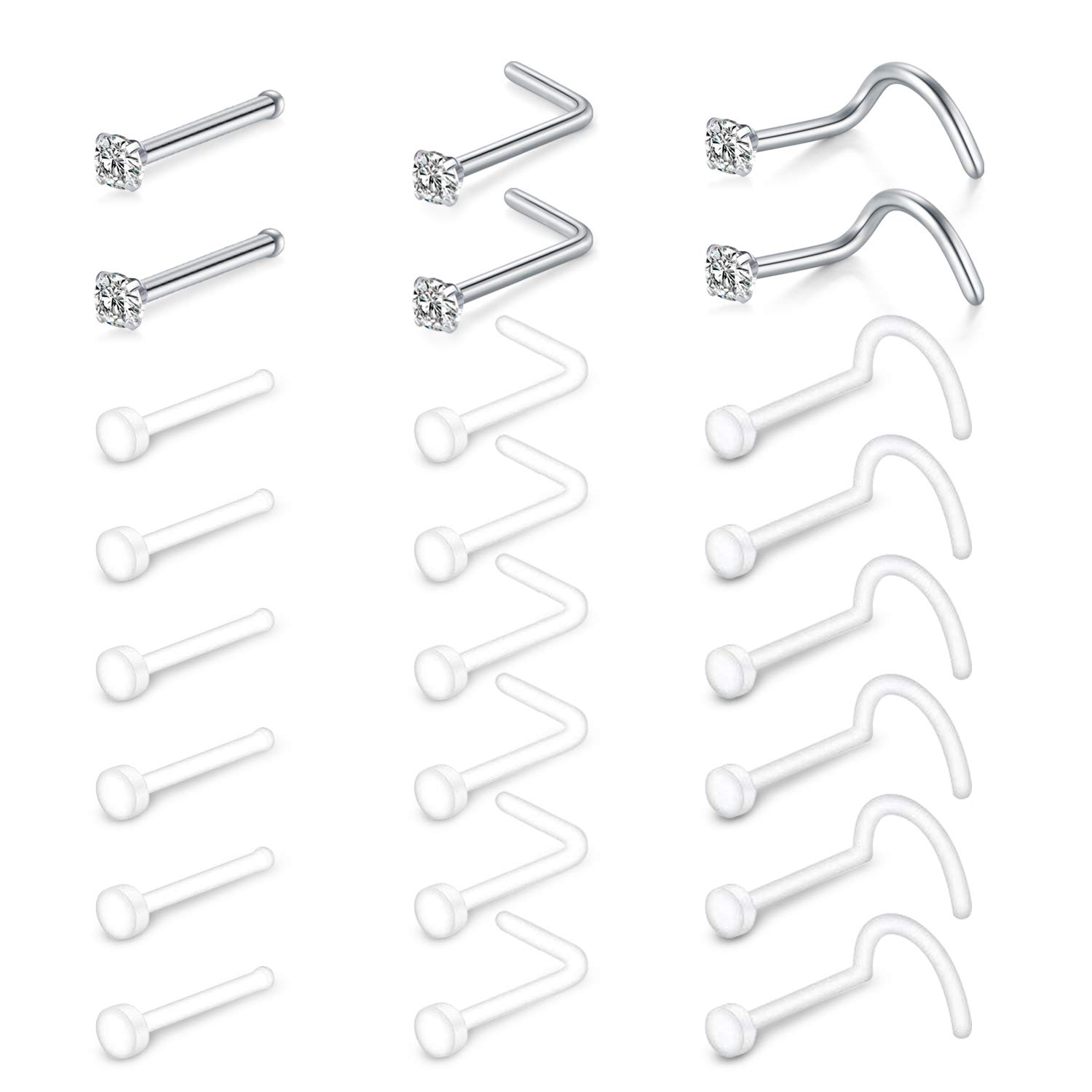 Mayhoop 24 Pcs Clear Nose Studs Retainers Bioflex Acrylic & Stainless Steel Diamond CZ Nose Studs 18G L Shaped Nose Retainers Bone Pin Nose Studs Screw Piercing Jewelry