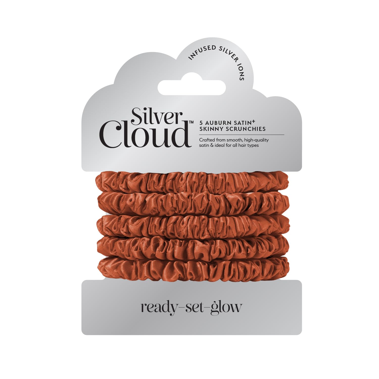 Silver Cloud Satin Skinny Scrunchies 5 Pack for All Hair Types | Stylish Ties & Luxurious Accessory That Promotes Healthier Hair (Auburn)