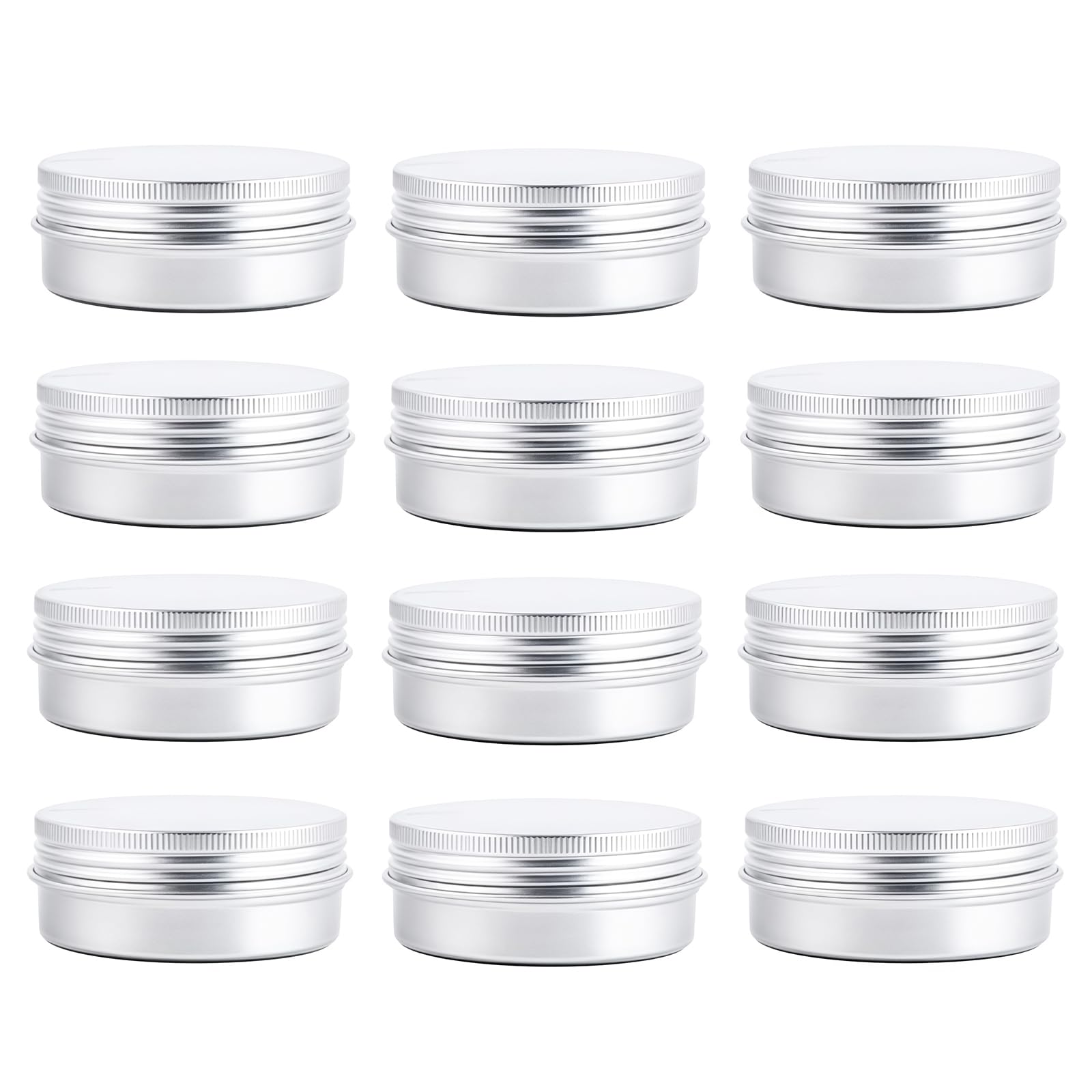 12 pcs of 2 Oz, 60 ML Gram Jar Cosmetic Sample Silver Aluminum Tins Empty Slip Slide Round Containers With Tight Sealed Twist Screwtop Cover Small Ounce for Lip Balm Make Up Eye Shadow Powder
