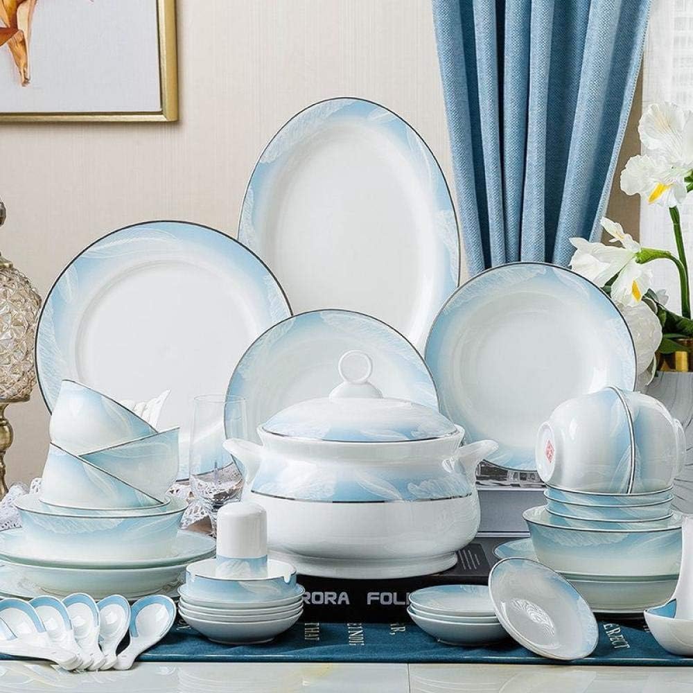 Has a Simple Modern Scandinavian Style,Tableware Set Household Ceramic Tableware, Tableware Bone China Dinner Plate Gold Edge-Fresh Green Lotus 6-Piece Set_M,Blue Hand-Painted Ceramic Tableware Set