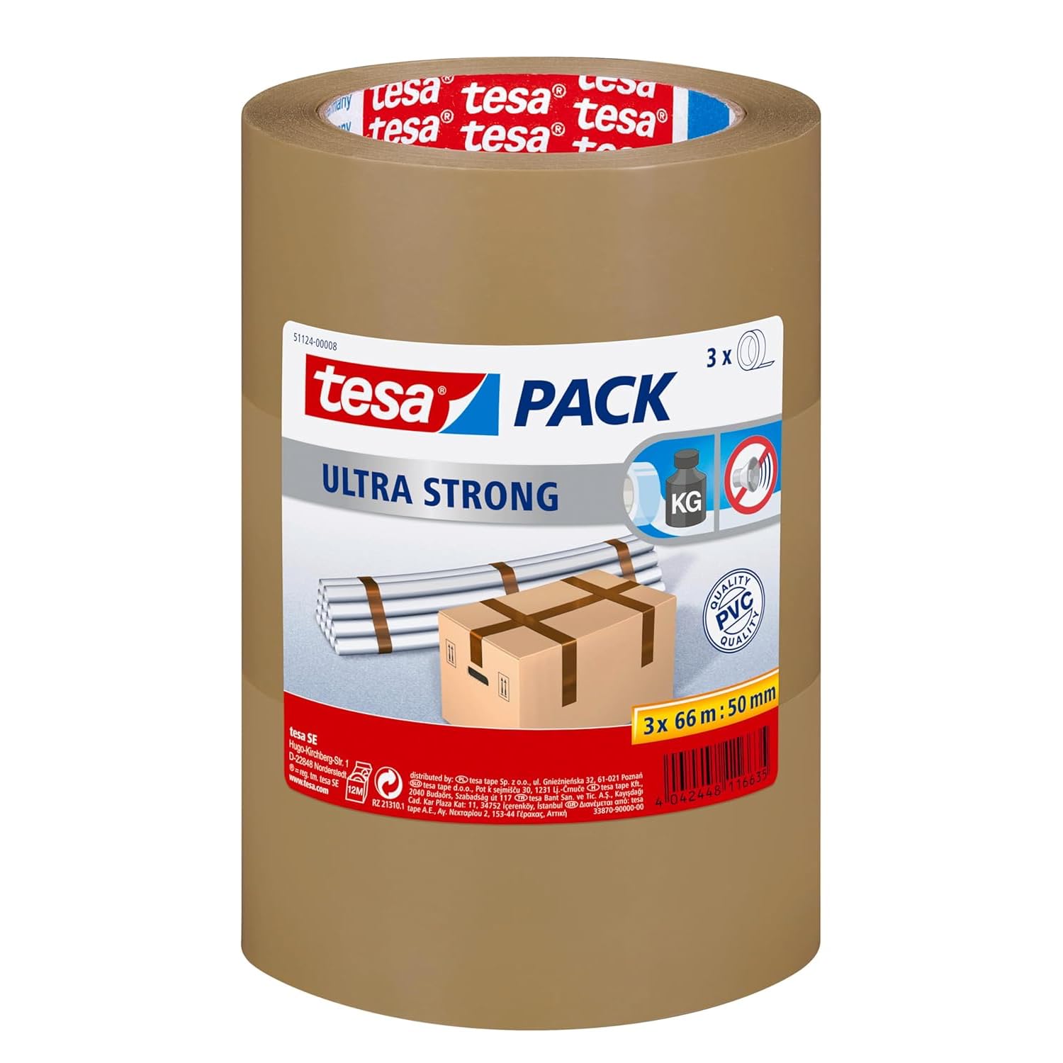 tesa 51124-00008-01 Packing Tape Ultra Strong PVC Packaging Tape for Heavy Parcels and Boxes, Brown, 66 m x 50 mm, Pack of 3