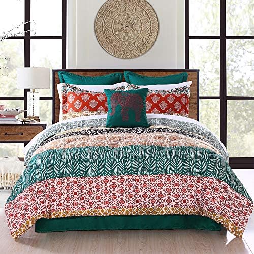 Lush Decor Lush Décor Bohemian Stripe Comforter-Colourful Sample Boho Fashion Reversible 7 Piece Bedding Set-Full Queen-Turquoise and Orange, Turquoise & Orange