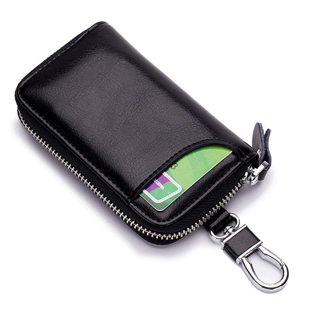 Leather Car Keychain Key Holder - Multi-Functional Zipper Key Case Wallet, 6 Colors to Choose From (Black)