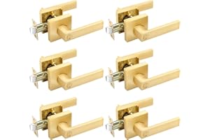 EHOMEWARE 6 Pack Gold Door Knobs Interior Brass Door Handles in Satin Brass Finish, Privacy Function for Bedroom Bathroom, Heavy Duty Gold Door Handles Levers with Modern Design