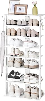 HOOBRO Narrow Shoe Rack Wooden 8-Tier with 2 Hooks White view 9