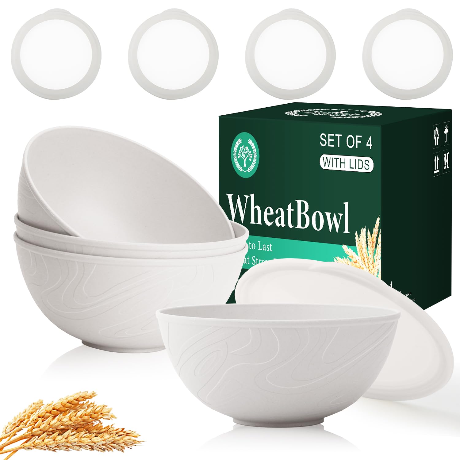 View 1 of ***LIDS ONLY***Homienly Wheat Straw Cereal Bowls with Lids, Unbreakable Plastic Bowls Set of 4, Microwave and Dishwasher Safe Food Storage Container for Lunch, Soup, Ramen, 40 OZ Bowls with Curved Texture, White