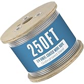 Coated Cable, Vinyl Coated Wire Rope, 1/4 IN OD, 250 FT, Silver | Houseables 7X7 Braided Aircraft Cable, 0.149 IN Steel Core, 1,670 LB Breaking Strength, Plastic Covered for Clothesline Use