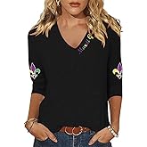 Mardi Gras Shirts for Women 3/4 Sleeve Fat Tuesday Tshirt V Neck New Orleans Carnival Themed Party Outfit