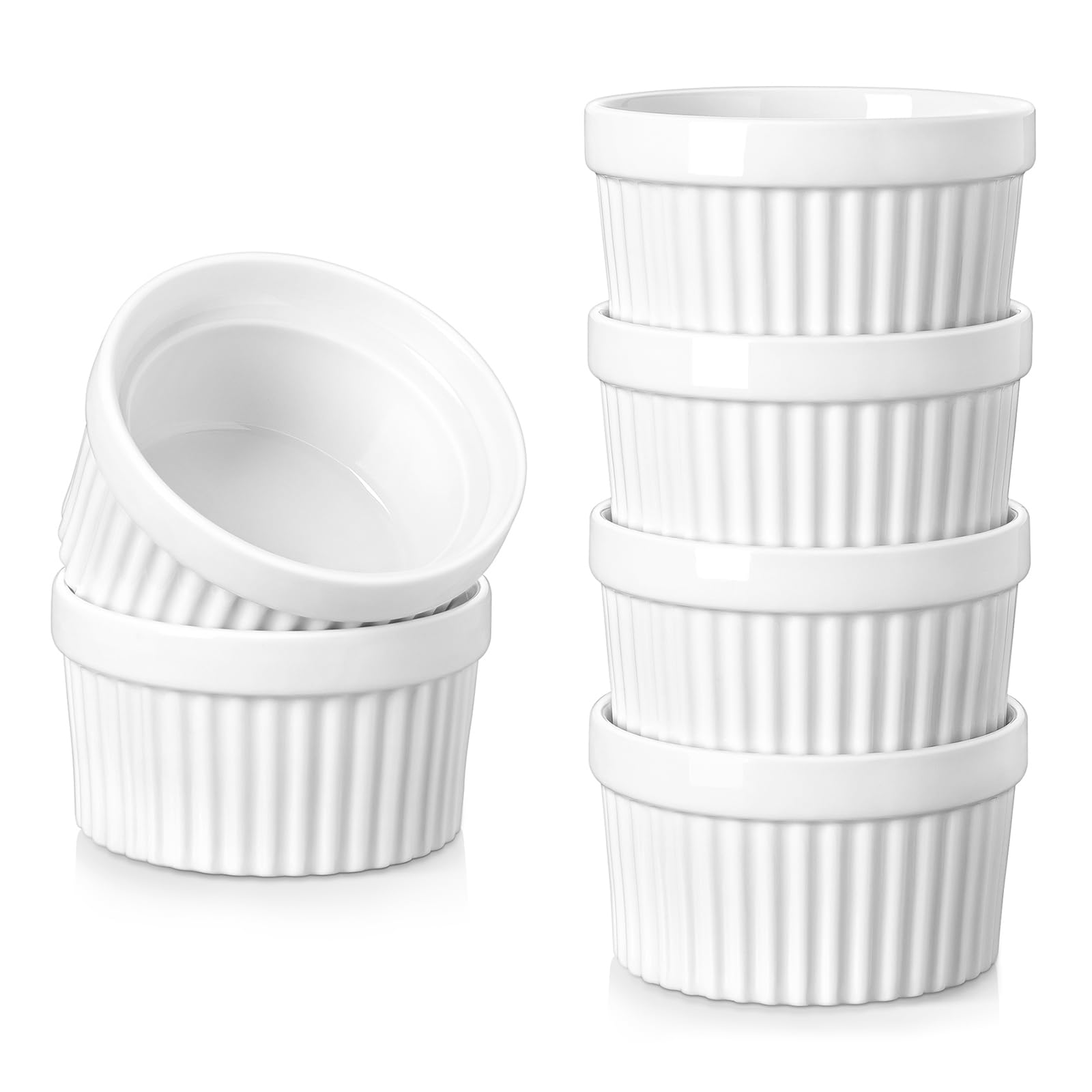 vancasso 6 oz Ramekins, Souffle Dishes Set of 6, White Porcelain Creme Brulee Ramekins, Baking Cups for Pudding, Fruits, Dips, Dishwasher and Oven Safe