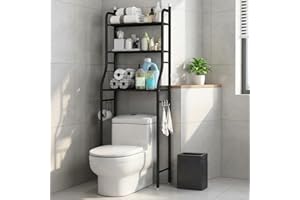 3-Tier Over The Toilet Storage Shelf, Freestanding Bathroom Organizer with Removable Towel Hooks & Paper Holder, Space-Saving
