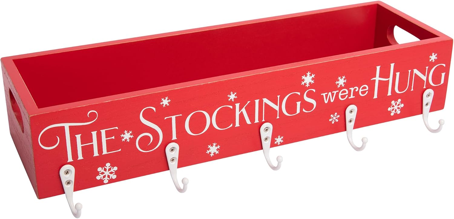 Stockings & Holders - HPC Decor Christmas Stocking Holders, Wooden Box with 5 Hook Stockings Hangers Christmas Decoration for Fireplace Mantel Wood Organizer Storage
