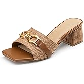 Athlefit Mules Chunky Heels for Women Brown Raffia Slip On Heeled Sandals Square Open Toe 2 Inch Low Block Heels for Summer Dressy
