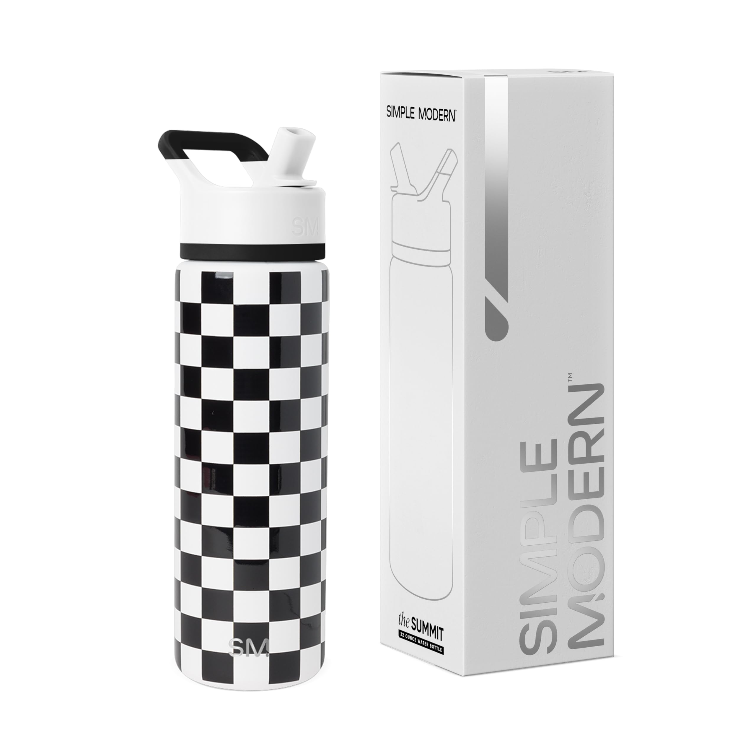 Simple Modern Water Bottle with Straw Lid | Vacuum Insulated Stainless Steel Metal | Reusable Leak Proof BPA-Free Cup for School | Summit Collection | 22oz, Black and White Checkmate Image