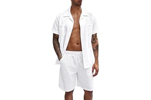CHXLQQX Mens Summer Beach Outfits 2 Piece Short Sleeve Shirts and Shorts Vacation Texture Linen Sets for Men