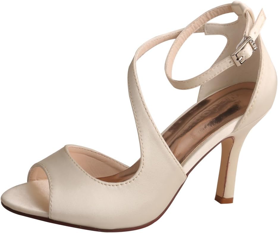 WDF7050 Women's Peep Toe High Heels Wedding Sandals Buckles Satin Evening Party Prom Sandals