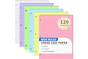 PINDDA 120 Sheets Loose Leaf Binder Paper, 6-Color Wide Ruled Lined Paper, 8” x 10.5”, 3-Hole Punched Notebook Paper Writing Paper for School Office