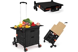 ZIYOU LANG Foldable Utility Cart with Stair Climbing Wheels,Collapsible Rolling Crate with Magnetic Lid Telescopic Cover,Telescoping Handle,360° Rotate Wheel Hand Cart for Teacher Shopping Moving Grocery(Black)