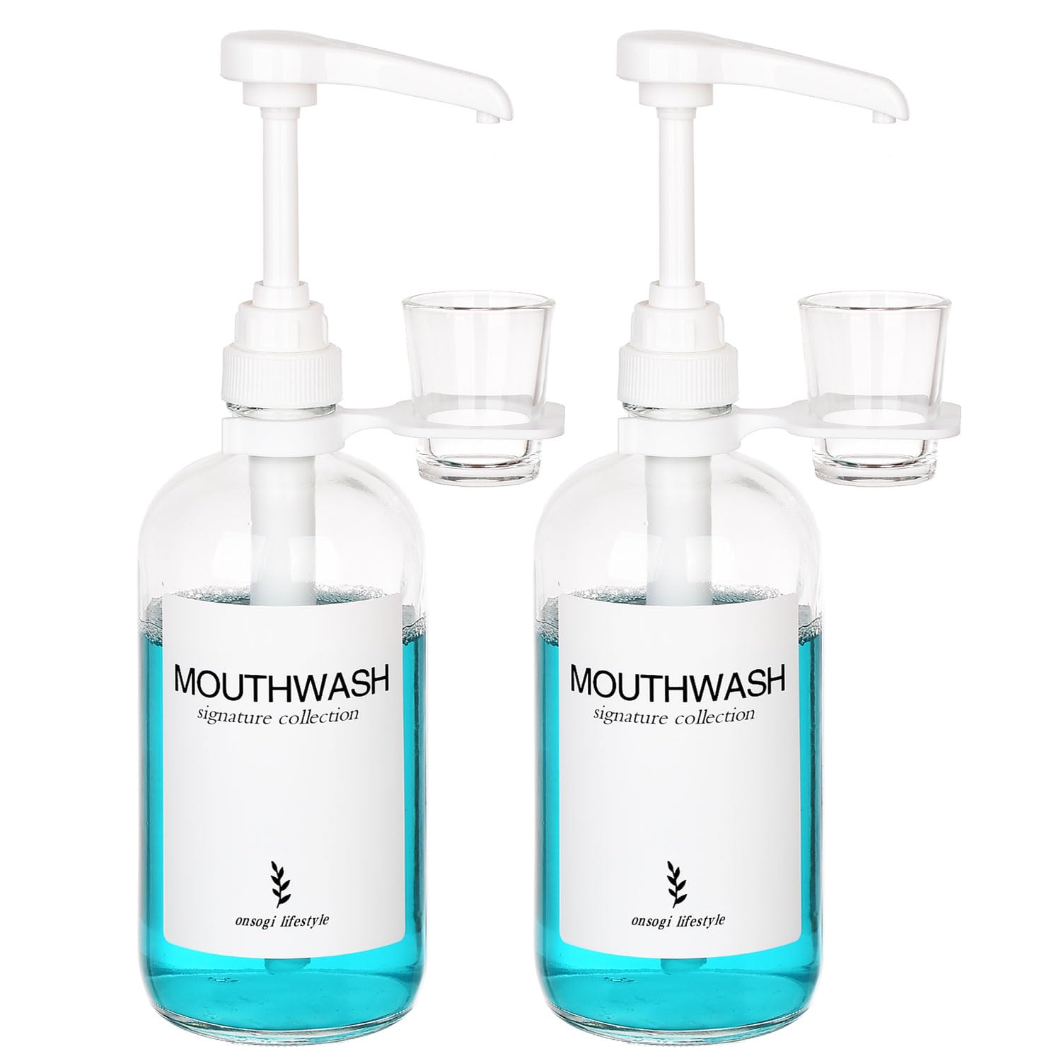 Photo 1 of Glass Mouthwash Dispensers with Cup Holders and Pumps, 16 Oz Rustic Boho Mouthwash Dispensers for Bathroom Farmhouse Decor - 2 Pack Clear